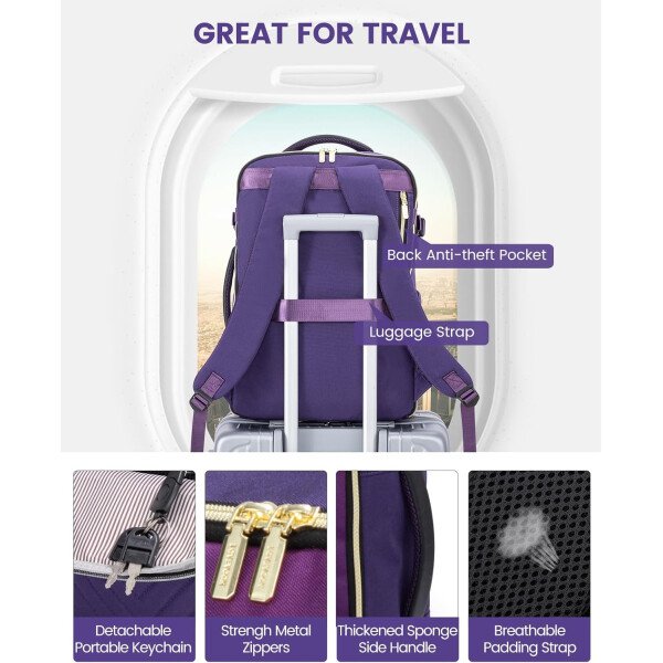 LOVEVOOK Mochila de viaje para mujer, mochila de transporte de 40 litros para aviones, bolsa de viaje para portátil de 17.3 pulgadas, Beige Negro Marrón, Classic - Image 16