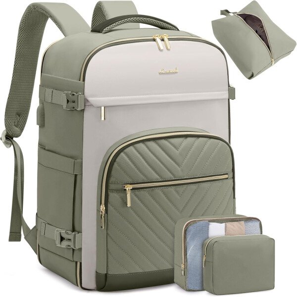 LOVEVOOK Mochila de viaje para mujer, mochila de transporte de 40 litros para aviones, bolsa de viaje para portátil de 17.3 pulgadas, Beige Negro Marrón, Classic - Image 19