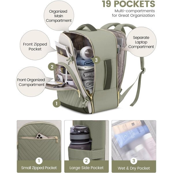 LOVEVOOK Mochila de viaje para mujer, mochila de transporte de 40 litros para aviones, bolsa de viaje para portátil de 17.3 pulgadas, Beige Negro Marrón, Classic - Image 22
