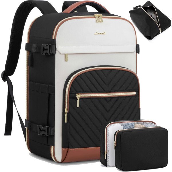 LOVEVOOK Mochila de viaje para mujer, mochila de transporte de 40 litros para aviones, bolsa de viaje para portátil de 17.3 pulgadas, Beige Negro Marrón, Classic - Image 28