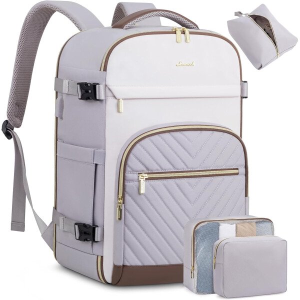 LOVEVOOK Mochila de viaje para mujer, mochila de transporte de 40 litros para aviones, bolsa de viaje para portátil de 17.3 pulgadas, Beige Negro Marrón, Classic - Image 30