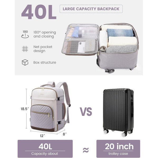 LOVEVOOK Mochila de viaje para mujer, mochila de transporte de 40 litros para aviones, bolsa de viaje para portátil de 17.3 pulgadas, Beige Negro Marrón, Classic - Image 32