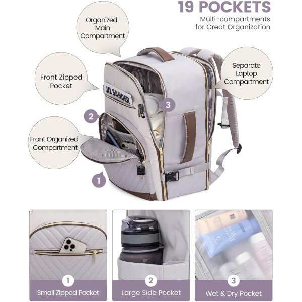 LOVEVOOK Mochila de viaje para mujer, mochila de transporte de 40 litros para aviones, bolsa de viaje para portátil de 17.3 pulgadas, Beige Negro Marrón, Classic - Image 33