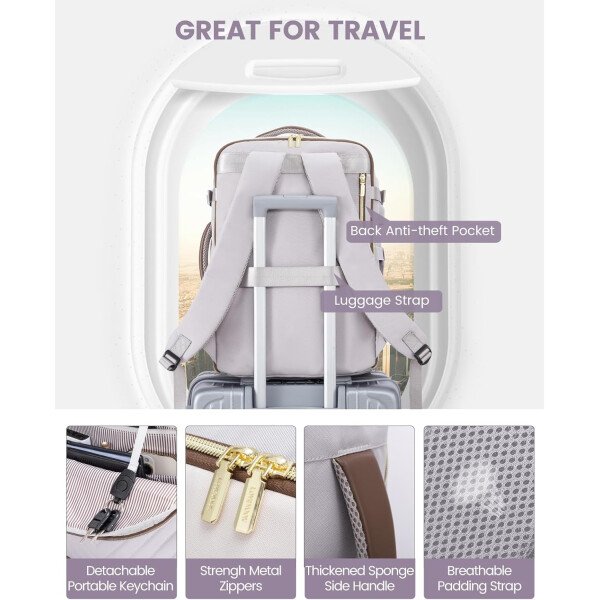 LOVEVOOK Mochila de viaje para mujer, mochila de transporte de 40 litros para aviones, bolsa de viaje para portátil de 17.3 pulgadas, Beige Negro Marrón, Classic - Image 36