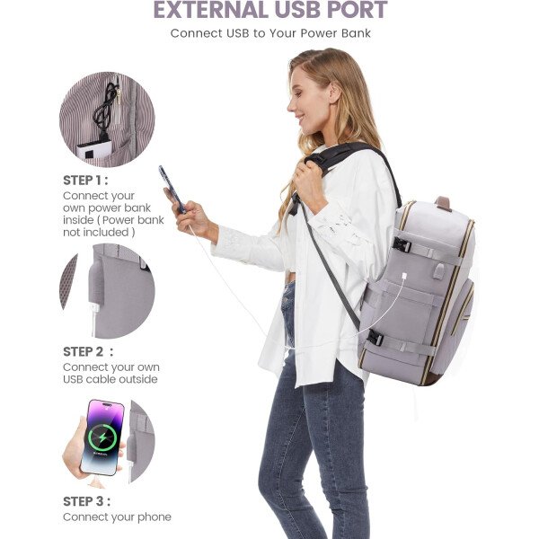 LOVEVOOK Mochila de viaje para mujer, mochila de transporte de 40 litros para aviones, bolsa de viaje para portátil de 17.3 pulgadas, Beige Negro Marrón, Classic - Image 37