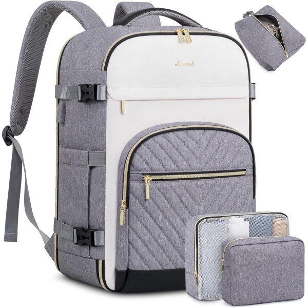 LOVEVOOK Mochila de viaje para mujer, mochila de transporte de 40 litros para aviones, bolsa de viaje para portátil de 17.3 pulgadas, Beige Negro Marrón, Classic - Image 39