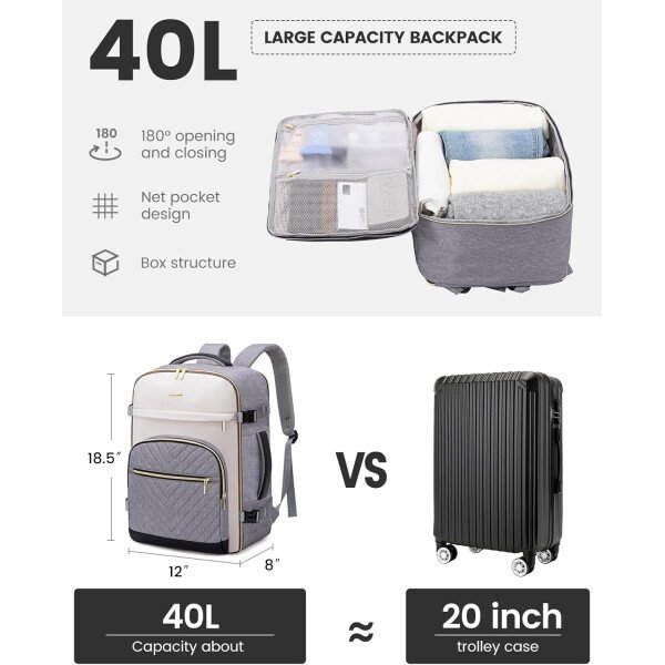 LOVEVOOK Mochila de viaje para mujer, mochila de transporte de 40 litros para aviones, bolsa de viaje para portátil de 17.3 pulgadas, Beige Negro Marrón, Classic - Image 41