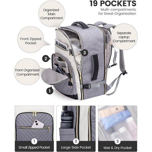 LOVEVOOK Mochila de viaje para mujer, mochila de transporte de 40 litros para aviones, bolsa de viaje para portátil de 17.3 pulgadas, Beige Negro Marrón, Classic - Image 42