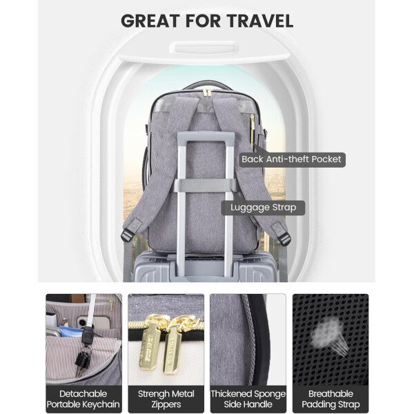 LOVEVOOK Mochila de viaje para mujer, mochila de transporte de 40 litros para aviones, bolsa de viaje para portátil de 17.3 pulgadas, Beige Negro Marrón, Classic - Image 45