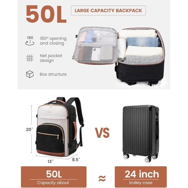 LOVEVOOK Mochila de viaje para mujer, mochila de transporte de 40 litros para aviones, bolsa de viaje para portátil de 17.3 pulgadas, Beige Negro Marrón, Classic - Image 48