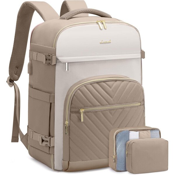 LOVEVOOK Mochila de viaje para mujer, mochila de transporte de 40 litros para aviones, bolsa de viaje para portátil de 17.3 pulgadas, Beige Negro Marrón, Classic - Image 49