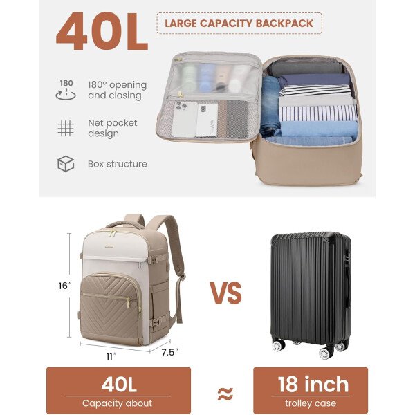 LOVEVOOK Mochila de viaje para mujer, mochila de transporte de 40 litros para aviones, bolsa de viaje para portátil de 17.3 pulgadas, Beige Negro Marrón, Classic - Image 51