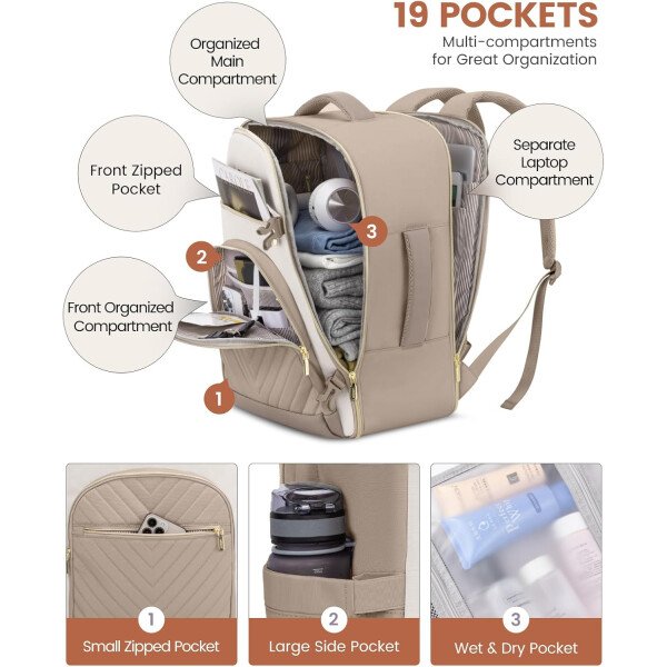 LOVEVOOK Mochila de viaje para mujer, mochila de transporte de 40 litros para aviones, bolsa de viaje para portátil de 17.3 pulgadas, Beige Negro Marrón, Classic - Image 52