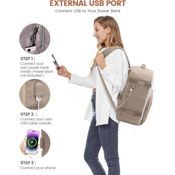 LOVEVOOK Mochila de viaje para mujer, mochila de transporte de 40 litros para aviones, bolsa de viaje para portátil de 17.3 pulgadas, Beige Negro Marrón, Classic - Image 56