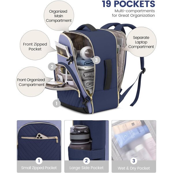LOVEVOOK Mochila de viaje para mujer, mochila de transporte de 40 litros para aviones, bolsa de viaje para portátil de 17.3 pulgadas, Beige Negro Marrón, Classic - Image 61