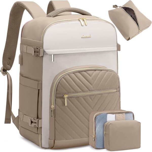 LOVEVOOK Mochila de viaje para mujer, mochila de transporte de 40 litros para aviones, bolsa de viaje para portátil de 17.3 pulgadas, Beige Negro Marrón, Classic - Image 67