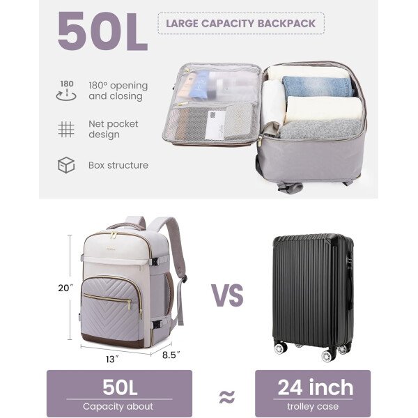 LOVEVOOK Mochila de viaje para mujer, mochila de transporte de 40 litros para aviones, bolsa de viaje para portátil de 17.3 pulgadas, Beige Negro Marrón, Classic - Image 68
