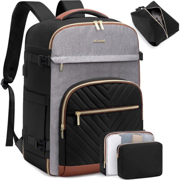 LOVEVOOK Mochila de viaje para mujer, mochila de transporte de 40 litros para aviones, bolsa de viaje para portátil de 17.3 pulgadas, Beige Negro Marrón, Classic - Image 69