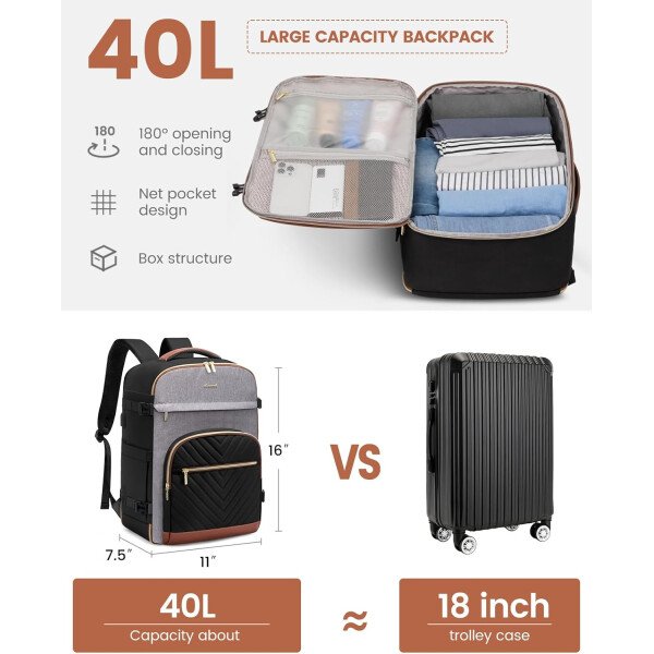 LOVEVOOK Mochila de viaje para mujer, mochila de transporte de 40 litros para aviones, bolsa de viaje para portátil de 17.3 pulgadas, Beige Negro Marrón, Classic - Image 71