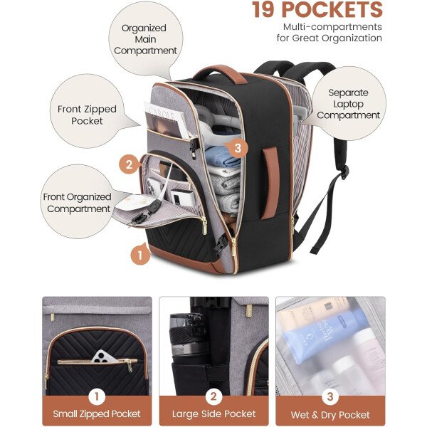 LOVEVOOK Mochila de viaje para mujer, mochila de transporte de 40 litros para aviones, bolsa de viaje para portátil de 17.3 pulgadas, Beige Negro Marrón, Classic - Image 72