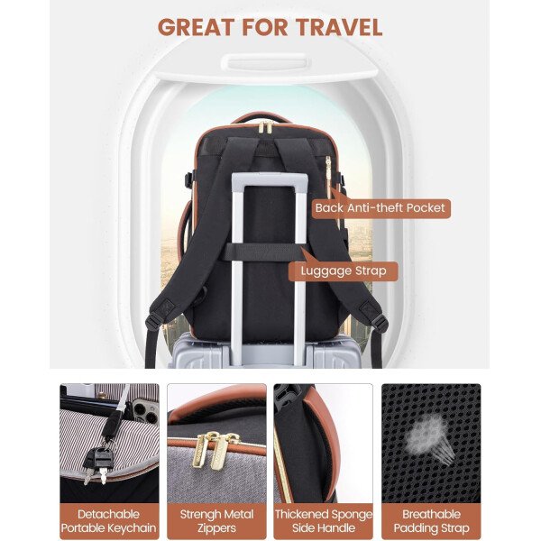 LOVEVOOK Mochila de viaje para mujer, mochila de transporte de 40 litros para aviones, bolsa de viaje para portátil de 17.3 pulgadas, Beige Negro Marrón, Classic - Image 75