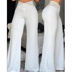 Pantalones acampanados para mujer, pantalones elegantes informales de oficina para mujer, pantalones de cintura alta para primavera y verano, pantalón de pierna ancha con parche de malla transparente entrecruzado liso