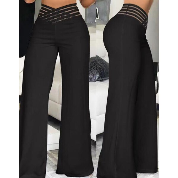 Pantalones acampanados para mujer, pantalones elegantes informales de oficina para mujer, pantalones de cintura alta para primavera y verano, pantalón de pierna ancha con parche de malla transparente entrecruzado liso - Image 2