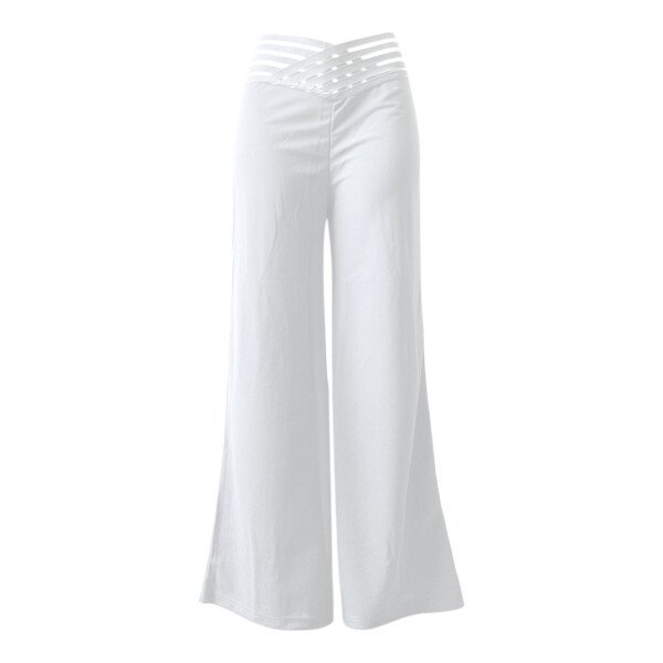 Pantalones acampanados para mujer, pantalones elegantes informales de oficina para mujer, pantalones de cintura alta para primavera y verano, pantalón de pierna ancha con parche de malla transparente entrecruzado liso - Image 4