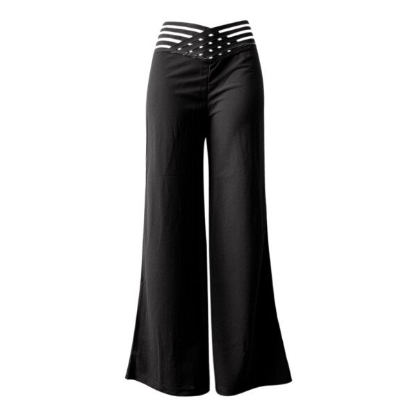 Pantalones acampanados para mujer, pantalones elegantes informales de oficina para mujer, pantalones de cintura alta para primavera y verano, pantalón de pierna ancha con parche de malla transparente entrecruzado liso - Image 5