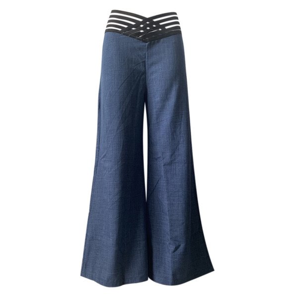Pantalones acampanados para mujer, pantalones elegantes informales de oficina para mujer, pantalones de cintura alta para primavera y verano, pantalón de pierna ancha con parche de malla transparente entrecruzado liso - Image 6