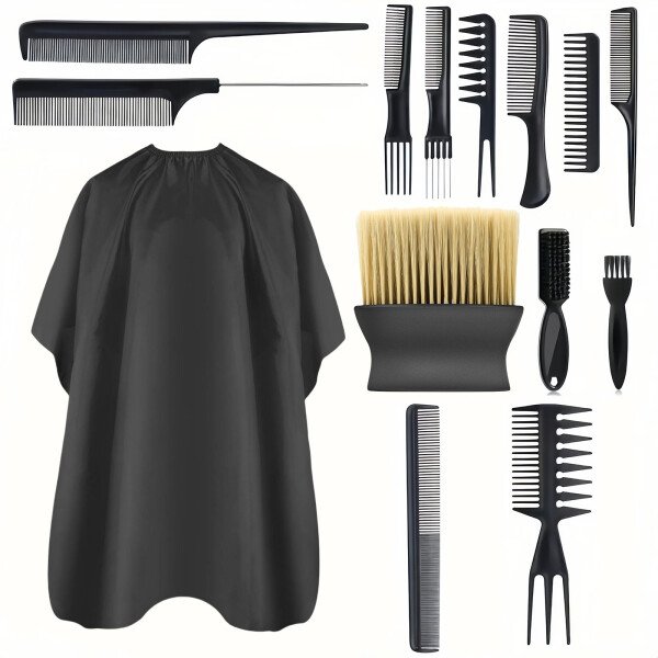 Juego de Herramientas de peluquería, capa de corte de pelo negro, barredora de cuello, peine de estilo de pelo de peluquero - Image 3