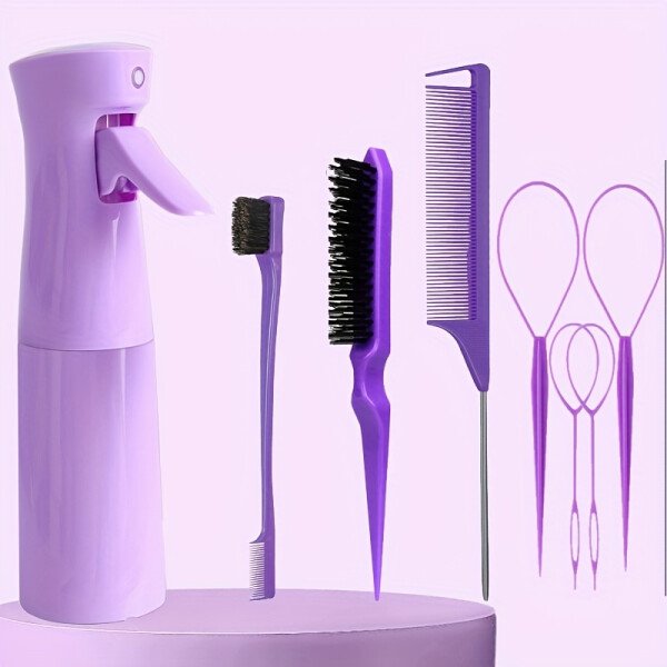 Juego de peinado de 8 piezas, botella de spray de 6,76 oz y cepillo de nailon para el cabello, peine de cola de ratón, cepillo para el cabello con control de bordes y herramienta para cola de cabello