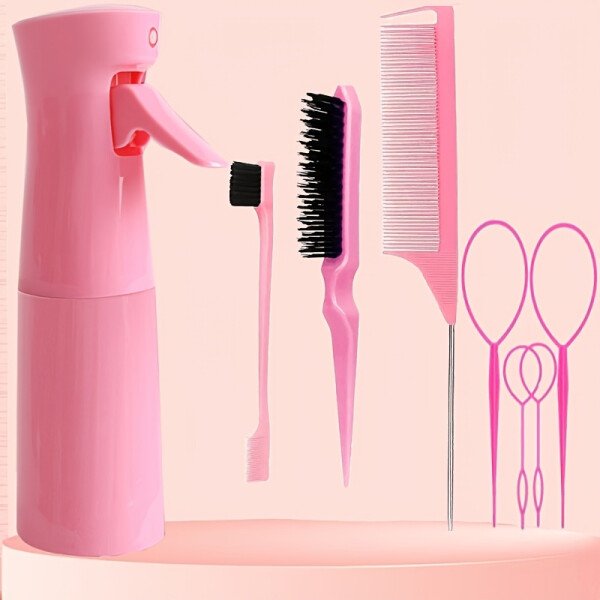 Juego de peinado de 8 piezas, botella de spray de 6,76 oz y cepillo de nailon para el cabello, peine de cola de ratón, cepillo para el cabello con control de bordes y herramienta para cola de cabello - Imagen 2