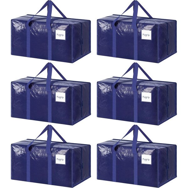 Paquete de 6 bolsas de mudanza grandes extra resistentes con cremallera fuerte y asas cómodas, bolsas de almacenamiento de ropa resistentes y duraderas, cajas de mudanza azules para suministros
