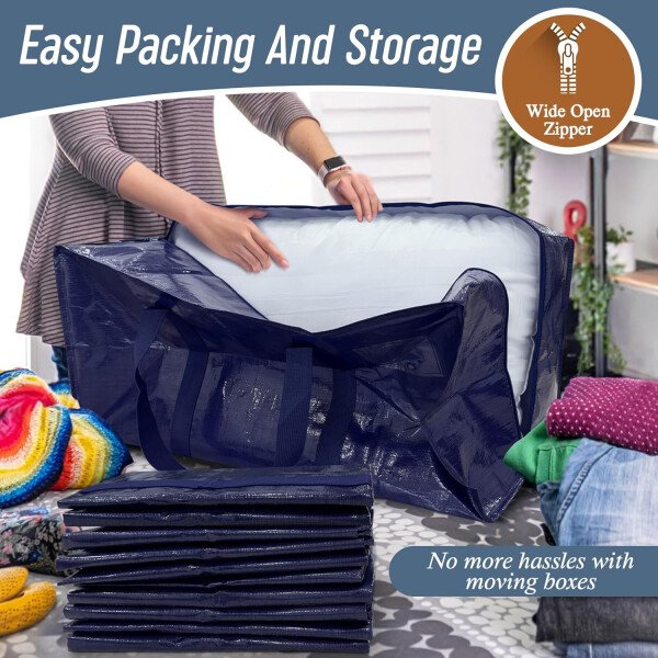 Paquete de 6 bolsas de mudanza grandes extra resistentes con cremallera fuerte y asas cómodas, bolsas de almacenamiento de ropa resistentes y duraderas, cajas de mudanza azules para suministros - Imagen 5