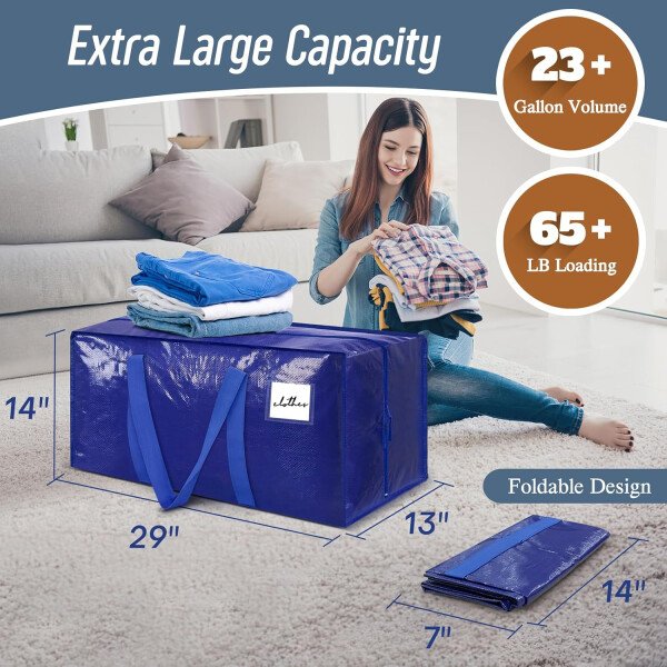 Paquete de 6 bolsas de mudanza grandes extra resistentes con cremallera fuerte y asas cómodas, bolsas de almacenamiento de ropa resistentes y duraderas, cajas de mudanza azules para suministros - Imagen 10