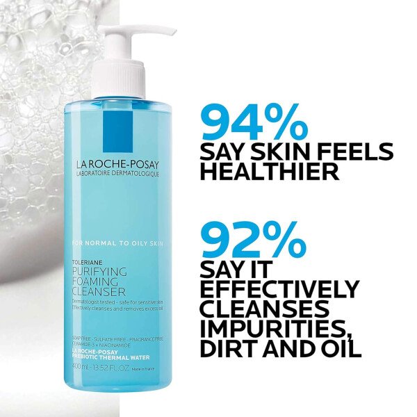 La Roche-Posay Toleriane Limpiador facial espumante purificador, niacinamida + ceramidas + agua térmica prebiótica, lavado facial sin aceite para piel grasa, limpiador de poros seguro para pieles - Image 4