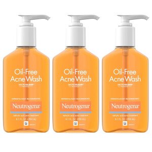 Neutrogena Lavado de acné sin aceite, limpiador facial para combatir el acné con medicina de ácido salicílico, tratamiento para el acné para la cara, no comedogénico, sin residuos, botellas de bomba