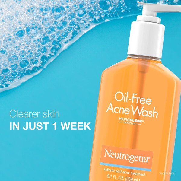 Neutrogena Lavado de acné sin aceite, limpiador facial para combatir el acné con medicina de ácido salicílico, tratamiento para el acné para la cara, no comedogénico, sin residuos, botellas de bomba - Imagen 5
