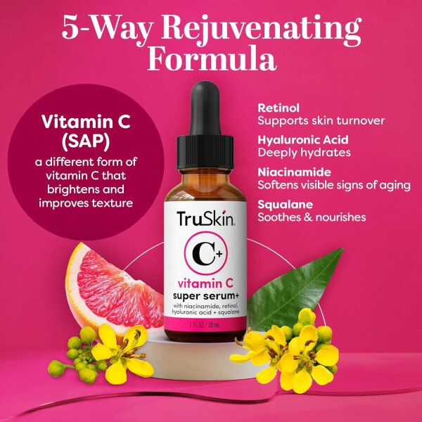 TruSkin Vitamin C-Plus Super Serum - Suero facial antiarrugas antienvejecimiento con niacinamida, retinol, ácido hialurónico y ácido salicílico, 1 onza líquida - Imagen 3