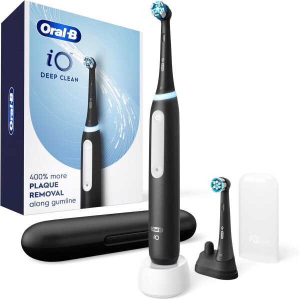 Oral-B iO Deep Clean - Cepillo de dientes eléctrico recargable con iO Series 3 Limited, 2 cabezales de cepillo y estuche de viaje, sensor de presión para proteger las encías, 3 ajustes de limpieza,