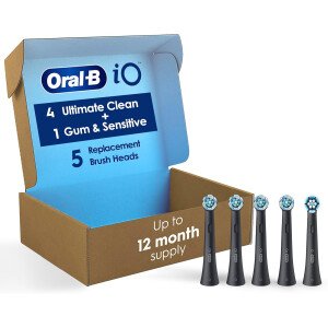 Oral-B iO Ultimate Clean Cabezales de cepillo de repuesto, 5 unidades, 4 Ultimate Clean + 1 goma y negro sensible