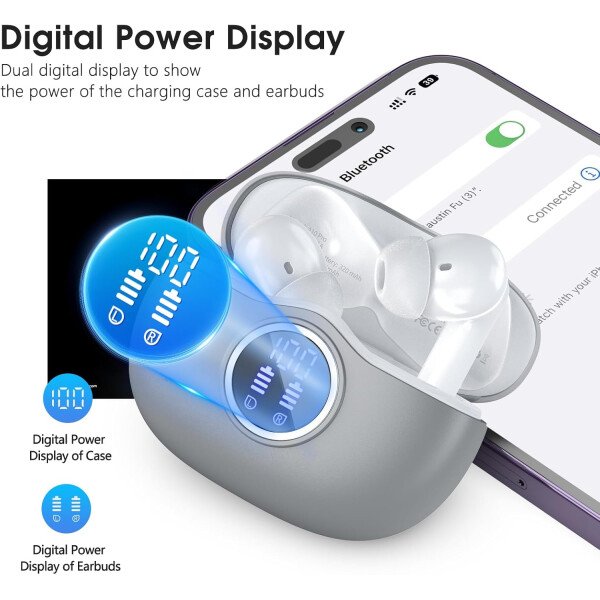 Auriculares inalámbricos Bluetooth 5.3, 40 horas de reproducción con pantalla LED, graves profundos estéreo y cancelación de ruido, auriculares Bluetooth IP7 impermeables para iPhone Android, gris - Image 2
