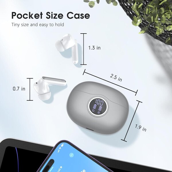 Auriculares inalámbricos Bluetooth 5.3, 40 horas de reproducción con pantalla LED, graves profundos estéreo y cancelación de ruido, auriculares Bluetooth IP7 impermeables para iPhone Android, gris - Image 5