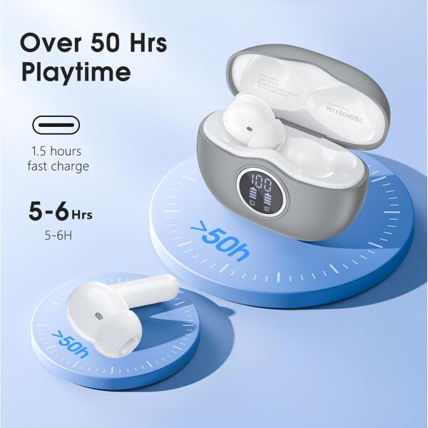 Auriculares inalámbricos Bluetooth 5.3, 40 horas de reproducción con pantalla LED, graves profundos estéreo y cancelación de ruido, auriculares Bluetooth IP7 impermeables para iPhone Android, gris - Image 7