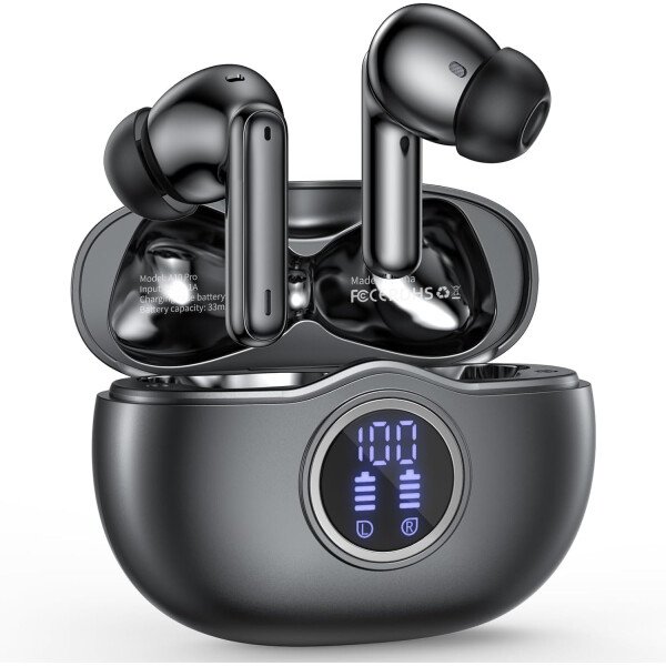 Auriculares inalámbricos Bluetooth 5.3, 40 horas de reproducción con pantalla LED, graves profundos estéreo y cancelación de ruido, auriculares Bluetooth IP7 impermeables para iPhone Android, gris - Image 8