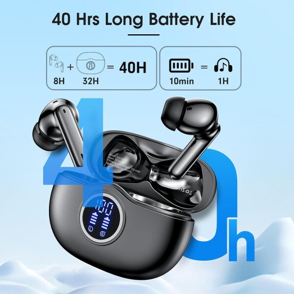 Auriculares inalámbricos Bluetooth 5.3, 40 horas de reproducción con pantalla LED, graves profundos estéreo y cancelación de ruido, auriculares Bluetooth IP7 impermeables para iPhone Android, gris - Image 10