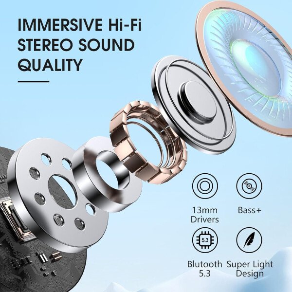Auriculares inalámbricos Bluetooth 5.3, 40 horas de reproducción con pantalla LED, graves profundos estéreo y cancelación de ruido, auriculares Bluetooth IP7 impermeables para iPhone Android, gris - Image 11