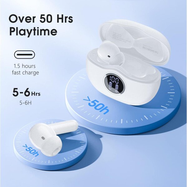 Auriculares inalámbricos Bluetooth 5.3, 40 horas de reproducción con pantalla LED, graves profundos estéreo y cancelación de ruido, auriculares Bluetooth IP7 impermeables para iPhone Android, gris - Image 19