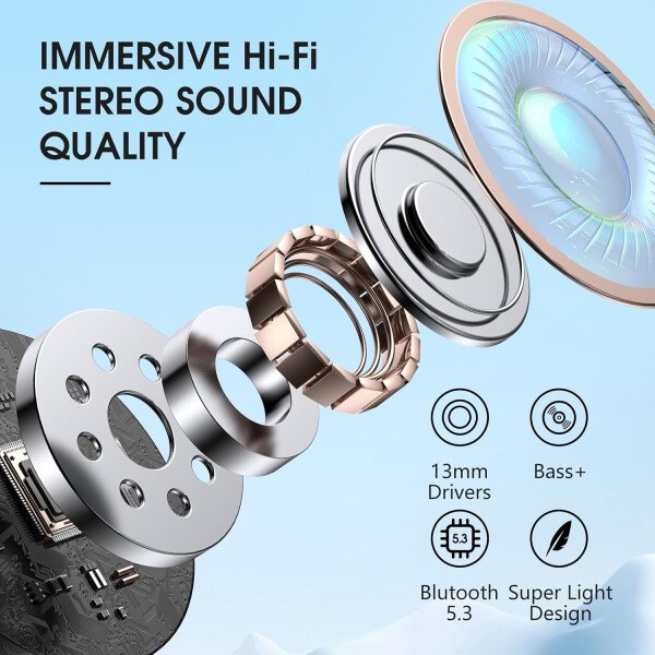 Auriculares inalámbricos Bluetooth 5.3, 40 horas de reproducción con pantalla LED, graves profundos estéreo y cancelación de ruido, auriculares Bluetooth IP7 impermeables para iPhone Android, gris - Image 25